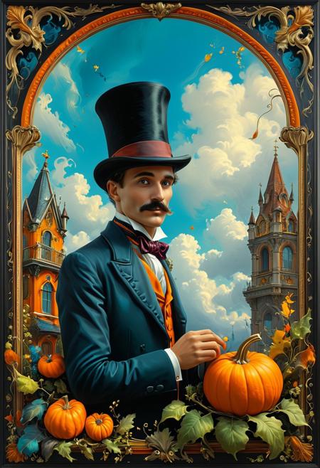 This extraordinary piece of art showcases an art deco style, featuring vibrant colors that draw the viewer in. The scene is a character portrait of a man in a top hat, holding a pumpkin, surrounded by a still life portrait of a magician. The composition exudes a strong sense of magic and is themed around All Hallows Eve.
The artwork is meticulously framed, with a sky background that boasts whimsical clouds and gothic elements. The highly detailed digital painting is a true artistic masterpiece, showcasing immersive atmosphere and rich color contrasts. The enchanting vibe of the piece is inspired by the works of Alejandro Burdisio, and its ultra-detailed nature ensures that it is presented in HD quality.
This captivating and intricate digital painting invites the viewer to become fully immersed in the magical world it portrays, offering a truly immersive and spellbinding experience. The combination of artistic elements and stylistic choices, along with the rich colors and detailed characters, make this piece an extraordinary and unforgettable work of art.