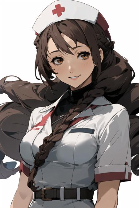 <lora:kisekienami:1>kisekienami, 1girl, solo, long hair, brown hair, hat, nurse cap, brown eyes, smile, nurse, white background, braid, breasts, looking at viewer, upper body, drill hair