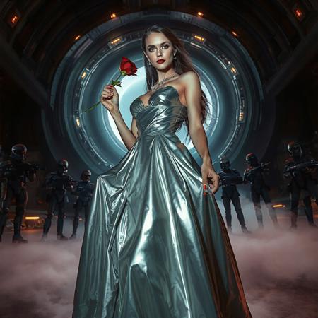 slender arrogant cold femme fatal russian princess wearing  rich  full skirt glossy silver foil  gown, small size opulent glossy red  high heels, jewels, holding red rose in her right hanfd, lifting her skirts with left hand, posing standing, view from below,  evil grin, green eyes, lipstick, giant portal to outer space, fog from the floor, empire spaceship hangar, surrounded by halo odst troopers, TIE spaceships at the background, fashion look, hollywood, vogue makeup, porcelain skin, long haired, ultrathin waisym reminiscent of Lucas, Spielberg styles, with close-up glamour photography and dramatic lighting view from below,
