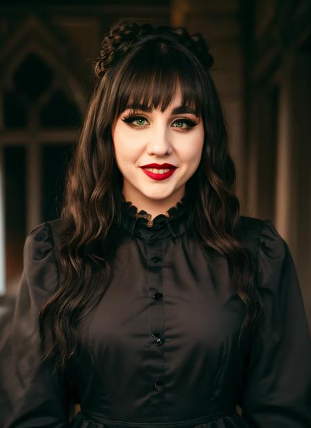 <lyco:Nadja:0.9> fullbody portrait of nadja, skswoman, green eyes, makeup, wearing black gothic dress, double bun imitating( cat ears:0.7), bangs, half opened mouth with blood, vampire fangs, background blurred inside a mansion with (sargs:1.2)