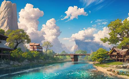 ConceptArt, no humans, scenery, water, sky, day, tree, cloud, waterfall, outdoors, building, nature, river, blue sky