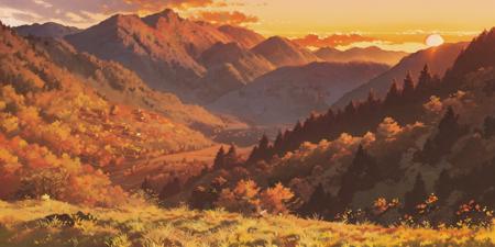 (((best quality))),autumn, autumn_leaves, bird, day, fire, forest, grass, mountain, nature, outdoors, scenery, sunset, tree, waterfall <lora:Pyramid lora_Ghibli_v2:1>