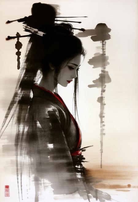 Expressive Watercolor Ink Wash, sepia, henna , inksketch, Silhouette Art, magnificent, dark background, portrait of stunning japanese woman, long dark hair with platinum streaks, sidelocks, bangs, seductive, sultry, lustful, red lips, direct gaze, light hitting one side of face, abstract background