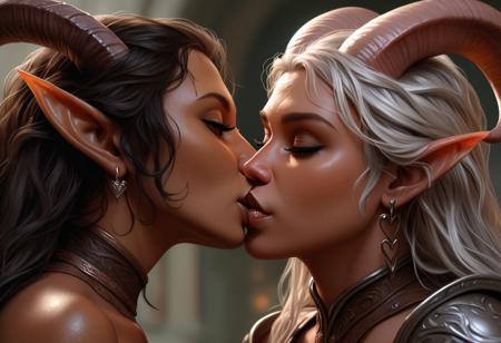 best quality, detailed realistic photo, realistic, hyperrealistic, 
tiefling woman, elf woman, kissing