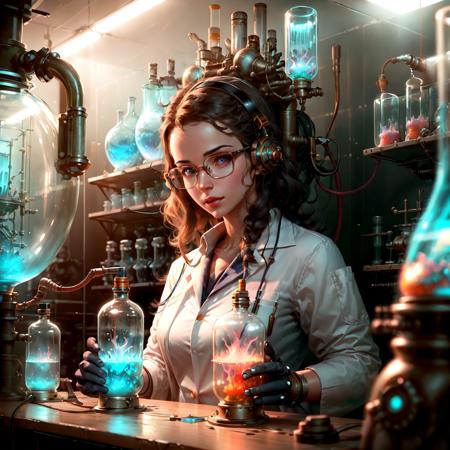 <lora:TeslaPunkAInew:.9> ValvePunkAI female scientist experiments in lab