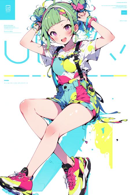 <lora:Harajuku:1>, 1girl, virtual youtuber, overalls, solo, purple eyes, hair bun, paint splatter, white background, full body, looking at viewer, collarbone, shoes, green footwear, simple background, single hair bun, multicolored hair, paint splatter on face, smile, single side bun, side ponytail, shirt, open mouth, pink hair, blush, sneakers, long hair, breasts, hairband, bangs, white shirt, blue hair, scrunchie, wrist scrunchie, arms up