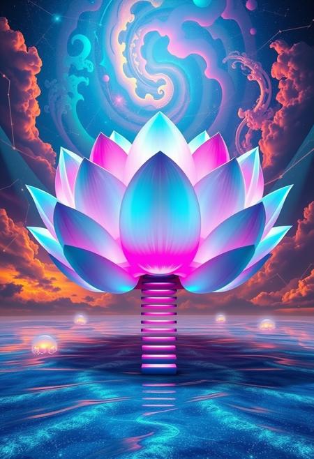 Visualize a colossal, gravity-defying lotus blossom composed of translucent, opalescent petals that refract light into a spectrum of neon hues—vivid turquoise, electric magenta, and luminescent cyan. This otherworldly flower floats above an endless, glassy ocean of liquid stardust, rippling with a hypnotic, kaleidoscopic pattern. Surrounding the lotus, dreamlike, giant floating jellyfish drift serenely, their tendrils glowing with shifting gradients of gold and violet. A sky of molten colors—fiery oranges, deep fuchsias, and intense indigos—melts into surreal, swirling clouds that echo abstract, fractal designs. Enigmatic, shimmering constellations spiral and twist through the atmosphere, merging seamlessly with the ocean's ethereal reflections. Enhance the scene with a floating, iridescent staircase leading to nowhere, spiraling into the cosmic void.