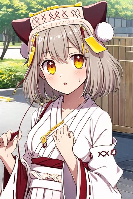 IWS, yellow eyes, short hair, hat, miko clothes