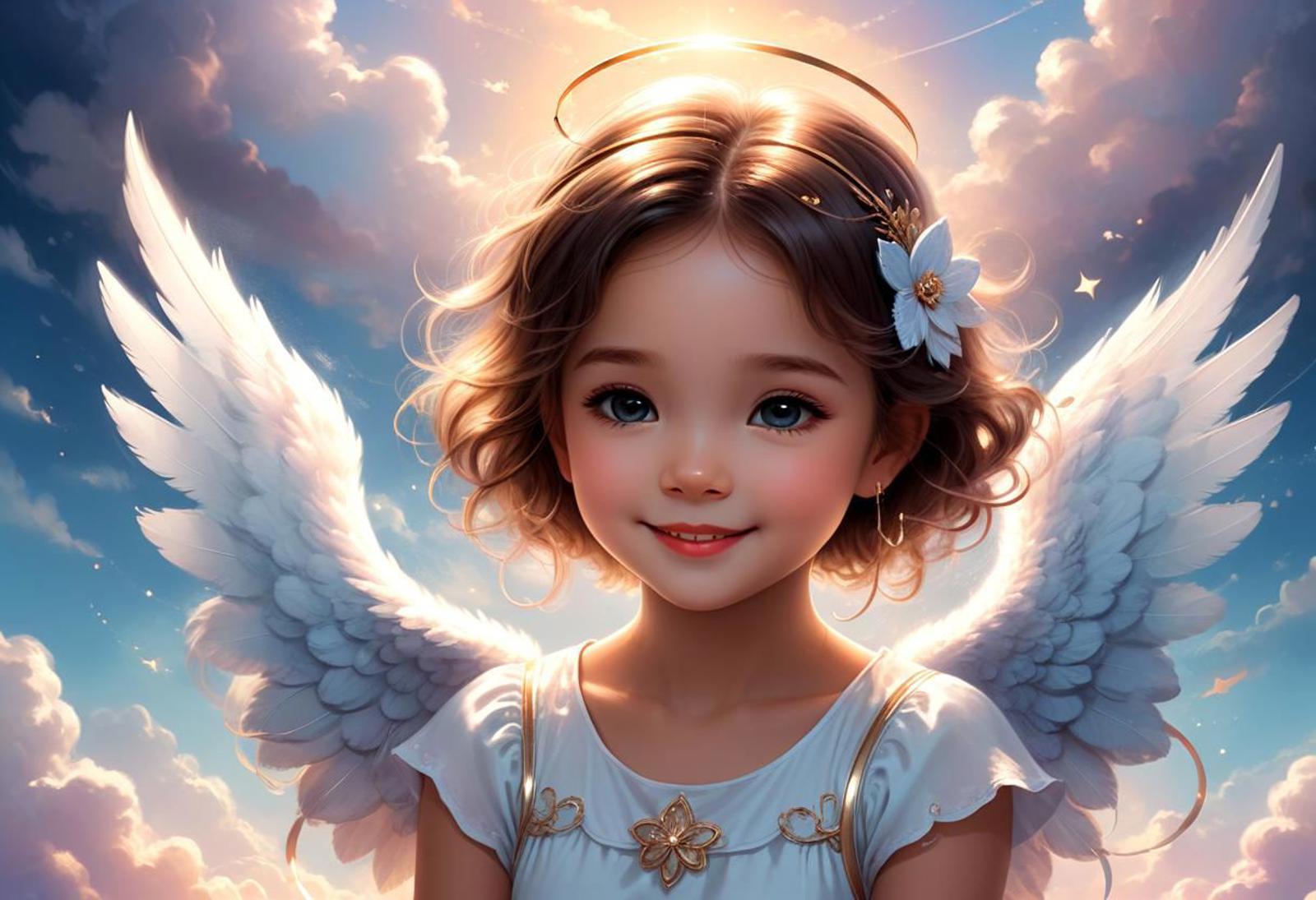 Cute smiling adorable little angel in the Sky, cartoon art 2d art, fluffy detAiled wings, surrounded by cute clouds, illum...
