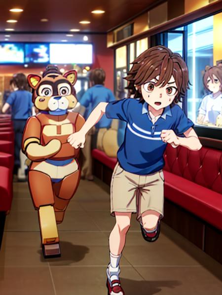 best quality, masterpiece, highres, detailed, perfect anatomy,  <lora:Detail - add_detail:0.2>,  <lora:FNaFGregory:1>, male child, brown hair, FNAFGregory, brown eyes, blue shirt with two stripes, one bandage on face, inside restaurant, running away, scared, chased by large animal robot,