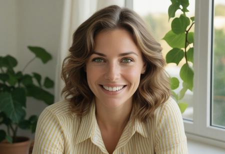 A meticulously detailed, hyper-realistic studio portrait of Olivia, a 35-year-old woman with sun-kissed skin and bright green eyes. She has a slim, oval, delicately contoured face with high cheekbones, a narrow jawline, and a subtle V-shaped chin. Her wavy, short-length light brown hair is casually tousled, framing her naturally beautiful face. Her skin has realistic texture: visible pores, soft natural wrinkles, gentle laugh lines, and minor imperfections that enhance authenticity. She wears a stripped yellow and white linen button up shirt an a warm, genuine smile with slightly imperfect teeth. She seats in a warm living room,sorrounded with plants,green ivy near the window, facing the sunset, and ocean,through a Big  window, captured with an 85mm lens at f/4, with natural color grading and an unedited RAW film look — inspired by Kodak Portra 400. No makeup retouching, no plastic effect, no artificial smoothing..
