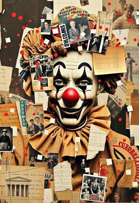 Outsider art. A surreal and deconstructed mixed-media collage in the style of Jacques Prévert with an urgent sense of chaos and energy. An analogue collage artwork blending fragmented styles, layers and textures. 
A vintage sepia photograph of 1920s American travelling carnival clown.
Layered over this obscuring the image are multiple fragmented and overlapping layers of chaotic thick paint, splatters of paint, palette knife oil paint, handwritten scrawled text messages, torn photographs and broken distorted vintage photographs filling the canvas. 
Layers of repetition of brightly coloured dots in Yayoi Kusama style. Fragmented scribbles and abstract graffiti images in Jean-Michel Basquiat style over the top. This hides sections of the image below. Outlines roughly redrawn in black. The overall effect is manic and anarchic with an urgent sense of energy.