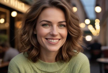 *A meticulously detailed, hyper-realistic portrait of Olivia, 35 years old, slender oval face,with softly contoured features, straight narrow nose with a gentle slopewith sun-kissed skin, bright green eyes, and a radiant smile. Her wavy, short-length light brown hair is casually tousled, framing her naturally beautiful face. Extremely natural skin texture, subtle wrinkles, subtle laugh lines. Her skin is natural, with subtle imperfections that enhance realism and a warm, genuine smile that reveals slightly perfect teeth.*     
The background is a cozy urban café with warm string lights and a blurred cityscape at dusk. Shot with a Hasselblad H6D-100c medium-format camera, using a tight crop and shallow depth of field (f/2.8) to emphasize the fine details of her woolen sweater and natural skin texture. The lighting is warm and diffused, casting a golden glow reminiscent of a Thomas Kinkade painting.*