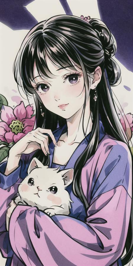 best quality, masterpiece, ,ultra high res,highres,, illustration. media, delicate,8k,4k,soft light,1girl, animal, black_eyes, black_hair, blush, bunny, cat, flower, hair_flower, hair_ornament, holding_animal, long_hair, looking_at_viewer, solo, upper_body,<lora:gufeng:0.6>