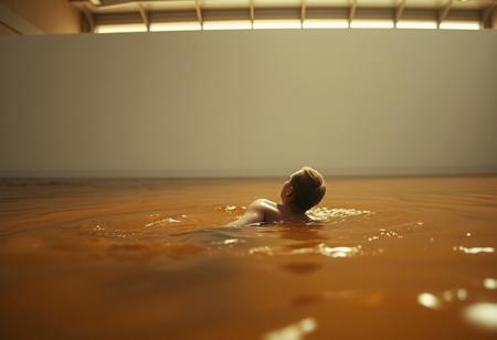 A tiny man with white skin drowning in a lake full of brown water, low angle pov, a massive short white solid wall in the background, daylight is visible above the edge of the wall, indoor lighting, golden hour lighting, tiny man is turned around, the tiny man is looking up, the tiny man is thrashing