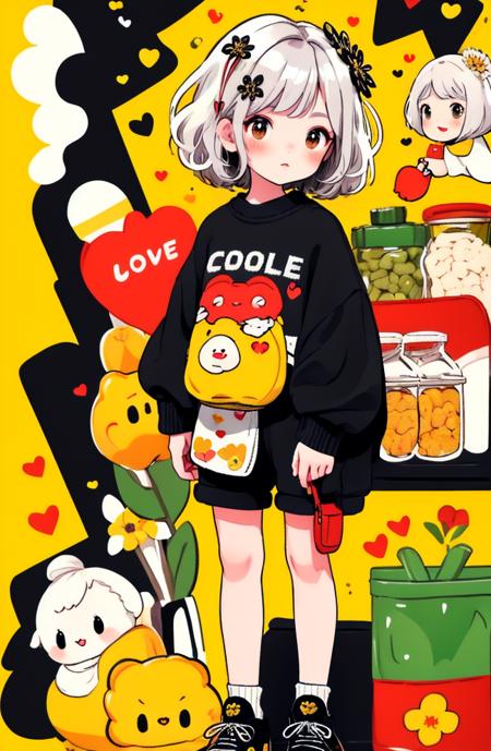 masterpiece, best quality
cute doodle, 1girl, shoes, solo, sweater, heart, white hair, short hair, long sleeves, shorts, yellow background, black footwear, black shorts, red eyes, socks, holding, food, leaf, blush, bottle, hair ornament, full body, standing, bag, flower
<lora:Cutedoodle_SD15-000008:0.65>