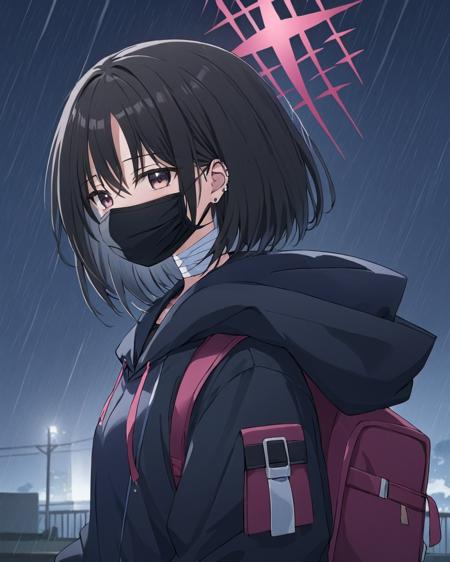 breathtaking,misaki \(blue archive\),1girl, solo, looking at viewer, long sleeves, jacket, upper body, earrings, coat, hoodie, mask, halo, bandages, piercing, backpack, hood down, ear piercing, hooded jacket, rain, bandaged arm, mouth mask, stud earrings, black hoodie, surgical mask, mask pull, black mask, bandaged neck
  <lora:Misaki_image66_v1-000040:1> . gorgeous,key visual, vibrant, studio anime,award-winning, professional, highly detailed,high budget, cinemascope