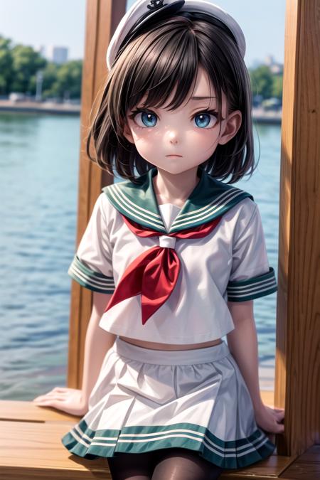 1 girl, cute, (looking at viewer:1.0), details sky, ((masterpiece:1.4, best quality)), multiple details, eyeshadow, sfw, (medium  shot:1.5), gradiant  eyes,
lora:add_detail:0.8>,  <lora:more_details:0.6>, 
<lora:ç¼çå:0.4>,  <lora:MinamitsuMurasa:0.7>, (black pantyhose:1.2), straght on, 
1girl, hat, sailor, gren eyes, short hair, black hair, sailor collar, white shirt, white skirt, knee skirt, murasa minamitsu, hishaku