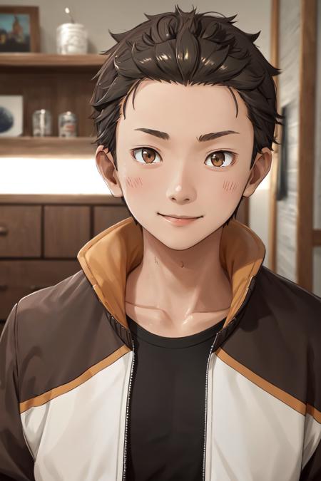 highres, sharp focus, pixiv masterpiece, ((intricate details)), highly detailed, natsuki_subaru, upper body, standing, 1boy, brown eyes, jacket, black hair, smile, track jacket, hair slicked back, <lora:Natsuki_Subaru_v1_1:0.8>,