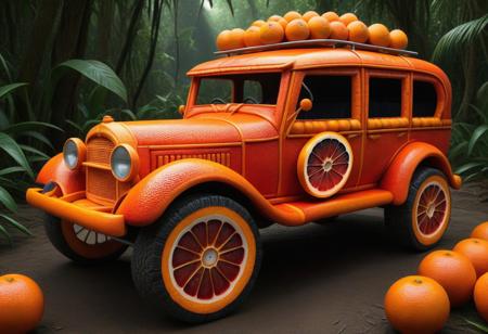 blood orange style, masterpiece, absurdres, best quality, photorealistic, an offroad car in a jungle with wheels made of oranges, wheels made of oranges