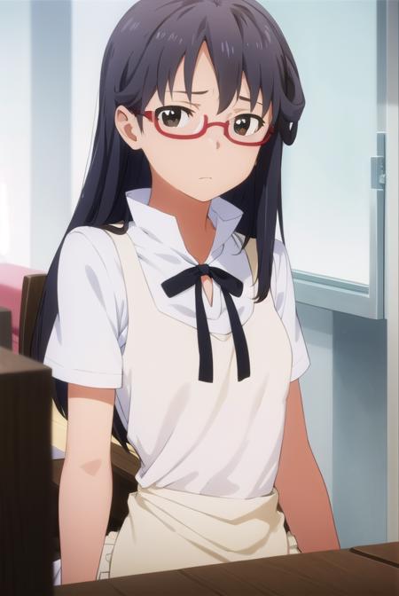 mayamatsumoto, <lora:maya matsumoto s2-lora-nochekaiser:1>,
maya matsumoto, long hair, black hair, (brown eyes:1.3), glasses, apron, semi-rimless eyewear, red-framed eyewear, under-rim eyewear,
BREAK apron, waitress,
BREAK indoors, restaurant,
BREAK looking at viewer, (cowboy shot:1.5),
BREAK <lyco:GoodHands-beta2:1>, (masterpiece:1.2), best quality, high resolution, unity 8k wallpaper, (illustration:0.8), (beautiful detailed eyes:1.6), extremely detailed face, perfect lighting, extremely detailed CG, (perfect hands, perfect anatomy),