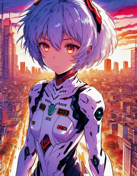 A beautiful, short-haired anime character with a unique outfit stands in front of a vibrant cityscape. The character, Rei Ayanami, is the main focus of the image, with her striking appearance and captivating gaze. The city in the background is bustling with activity, featuring tall buildings and various modes of transportation. The combination of the character's striking appearance and the lively city creates a visually striking and engaging scene. <lora:Dall-e_3_0.2>