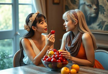 real life realistic, two beautiful women at a table, bowl of fruit between them, women looking in each other's eyes lovingly as one offers a cherry to the open mouth of the other woman.  One  hand is on the cheek of the other woman. one Asian, one blonde Swede. one small breasts, one large breasts. one sleeveless blouse and skirt, one sundress. one headband, one scarf. one bangs, one long hair.
score_9, score_8_up, very detailed, detailed eyes,  high detailed texture, realistic, photorealistic, perfect eyes, real life realistic, Expressiveh, Stable_Yogis_PDXL_Positives, midjourneylora, detailed background, dynamic angle, volumetric lighting, godrays, beautiful, small breasts, green eyes,