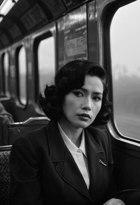 high resolution photo close-up of kkn woman,she has noir hair wearing a 50s suit, in a black and white cinematic movie,she is sitting on a train,gloomy,dimly lit,bokeh,depth of field,she is looking at camera,masterpiece,volumetric fog,film grain