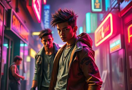 Create an image that captures the intensity and tension of a confrontational moment. Picture a dynamic scene with two characters facing off, set in a modern, urban environment. The background is filled with neon lights, casting a colorful yet moody glow on the characters. The main character, dressed in edgy, street-style clothing, is standing confidently with a determined expression, while the other character, slightly in the background, looks caught off guard. The energy is electric, with a sense of movement as if the scene is frozen mid-action. The overall color palette should be vibrant with strong contrasts, emphasizing the emotions of the confrontation.
