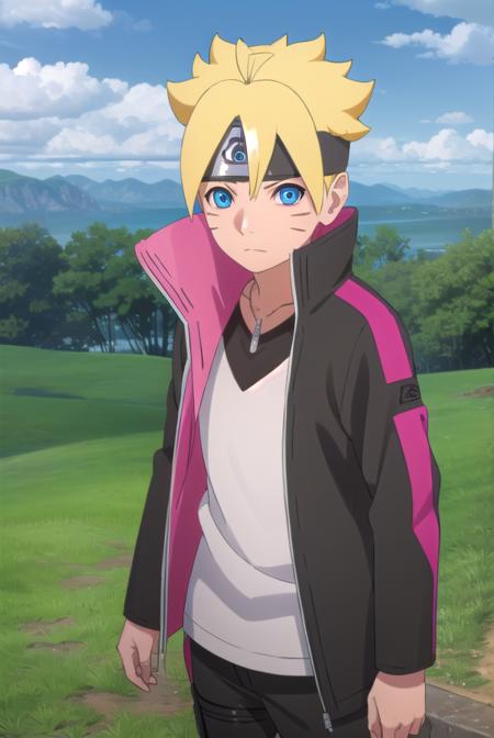 borutouzumaki, <lora:boruto uzumaki-lora-nochekaiser:1>,
boruto uzumaki, short hair, blue eyes, blonde hair, male focus, facial mark, spiked hair, whisker markings, forehead protector,
BREAK shirt, long sleeves, jewelry, jacket, white shirt, open clothes, pants, necklace, open jacket, black jacket, black pants,
BREAK outdoors, forest, nature, trees, grass, sky, clouds, sun,
BREAK looking at viewer, (cowboy shot:1.5),
BREAK <lyco:GoodHands-beta2:1>, (masterpiece:1.2), best quality, high resolution, unity 8k wallpaper, (illustration:0.8), (beautiful detailed eyes:1.6), extremely detailed face, perfect lighting, extremely detailed CG, (perfect hands, perfect anatomy),