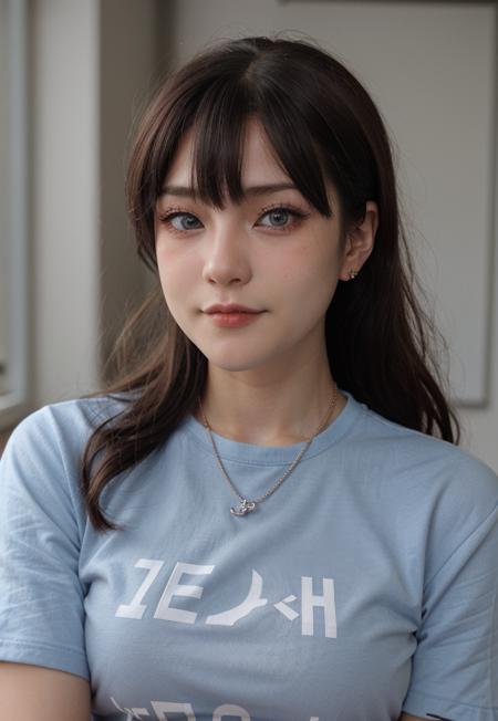 yujikoi, a woman, ((extremely detailed face)), modern clothes, T-shirt, blue t-shirt, english text,