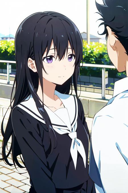 koe no katachi, 1girl, long hair, black hair, 1boy, school uniform, purple eyes, shirt, blurry, serafuku, sailor collar, letterboxed, outdoors, white shirt, closed mouth, kitauji high school uniform, looking at another, depth of field, bangs, day, collarbone, blurry background, white sailor collar, solo focus, ((masterpiece))  <lora:koe_no_katachi_offset:1>