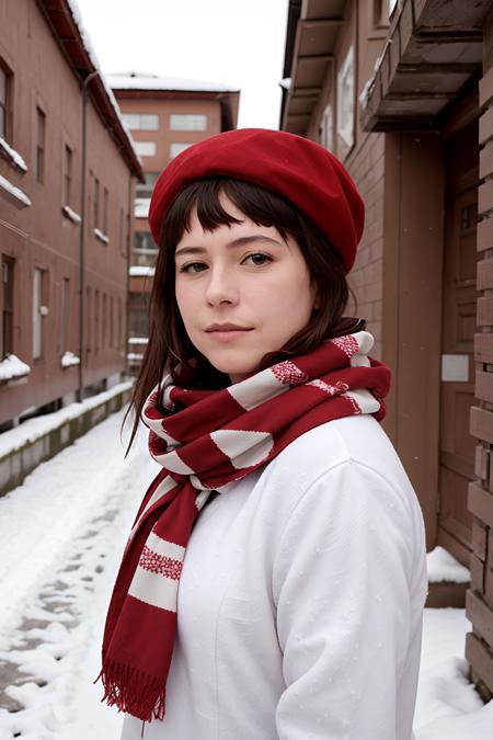 <lora:JBV2:0.7>, red beret, woman, snow, winter, snow flakes, scarf