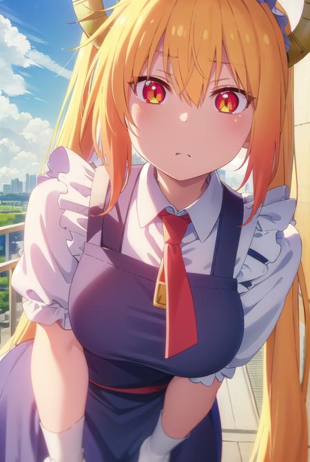 dragontohru, <lora:dragon tohru s2-lora-nochekaiser:1>, 
tohru, tohru \(maidragon\), long hair, bangs, blonde hair, hair between eyes, twintails, very long hair, multicolored hair, horns, fang, gradient hair, dragon horns, (red eyes:1.3), (slit pupils:1.5),
BREAK gloves, dress, tail, short sleeves, necktie, white gloves, maid, maid headdress, dragon girl, dragon tail, scales, large tail,
BREAK outdoors, sun, sky, clouds, city,
BREAK looking at viewer, (cowboy shot:1.5),
BREAK <lyco:GoodHands-beta2:1>, (masterpiece:1.2), best quality, high resolution, unity 8k wallpaper, (illustration:0.8), (beautiful detailed eyes:1.6), extremely detailed face, perfect lighting, extremely detailed CG, (perfect hands, perfect anatomy),