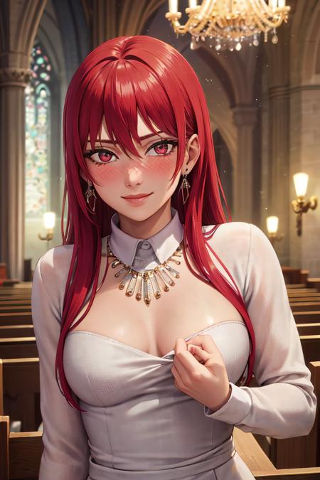 masterpiece, (best quality), 1woman,1girl ,sakisaki,   red hair,  long hair,  red eyes,formal dress, gown , jewerly, earrings, necklace, divine woman,medium breasts, ,sexy woman,smile, hair between eyes, long sleeves,closed clothes, embarrassed,blush,  formal event, vibrant colors ,natural lighting  ,RTX,  , beautiful, (detailed face:1.2), showcase, (perfect eyes:1.1) ,(photorealistic:1.1), 8k uhd,  looking at viewer, indoors,  simple backround, upper body, chandellier, church