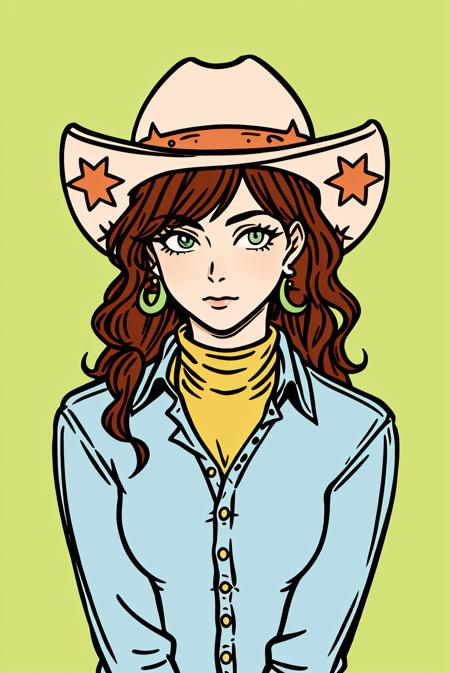 western illustration, masterpiece, best quality, 1girl, aqua eyes, cowboy cap, brown hair, closed mouth, earrings, green background, outdoors, hat, jewelry, looking at viewer, shirt, long hair, simple background, solo, upper body, yellow shirt <lora:western_illustration_offset:1>