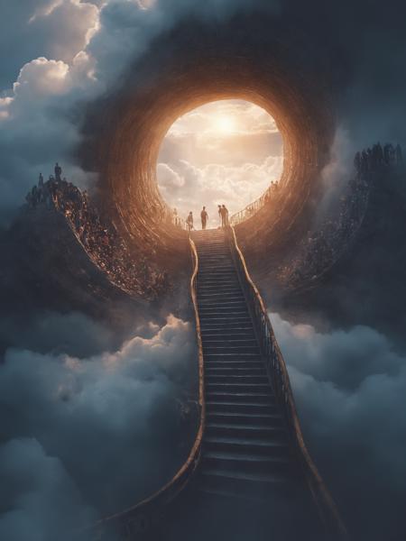 A surreal depiction of the quest for equality, represented by a vast, ((endless staircase winding through the clouds)), with diverse people climbing together toward a shining, elusive doorway at the top. The scene blends elements of fantasy and reality, with barriers along the path symbolizing various social obstacles. The mood is hopeful yet challenging, with ethereal lighting and symbolic motifs scattered throughout.