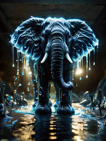 a elephant made out of water is standing in the water with bubbles <lora:ral-blacklight-sdxl:1> made of ral-blacklight