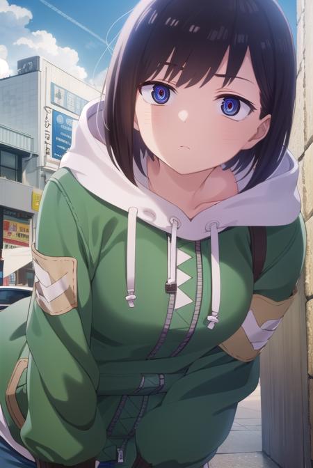 kanaichikawa, <lora:kana ichikawa s1-lora-nochekaiser:1>,
kana ichikawa, short hair, bangs, blue eyes, black hair, (ringed eyes:1.5),
BREAK jacket, hood, hoodie, hood down, drawstring,
BREAK outdoors, city, sun, sky, clouds,
BREAK looking at viewer, (cowboy shot:1.5),
BREAK <lyco:GoodHands-beta2:1>, (masterpiece:1.2), best quality, high resolution, unity 8k wallpaper, (illustration:0.8), (beautiful detailed eyes:1.6), extremely detailed face, perfect lighting, extremely detailed CG, (perfect hands, perfect anatomy),