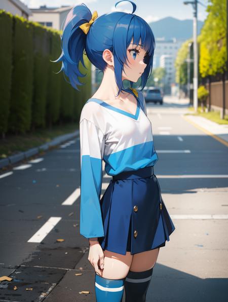 realistic, best quality, photorealistic, masterpiece, 8k, absurdres, extremely detailed face, depth of field, 1girl, side profile,  <lora:SoraHarewataru_v01:0.9:OUTD>soraharewataru, ahoge, blue_eyes, blue_hair, blue_shirt, striped_shirt, blue_skirt, blue_thighhighs, blunt_bangs, collarbone, hair_bow, yellow_bow, long_sleeves, medium_hair, side_ponytail, small_breasts, yellow_sneakers, zettai_ryouiki,