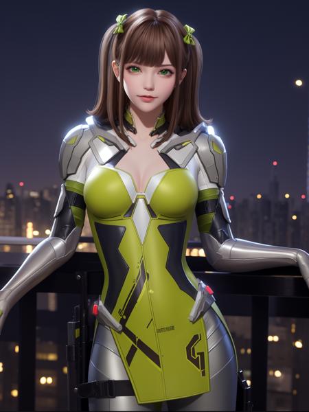 CFqingyaLHWZ, 1girl, solo, brown hair, green eyes, breasts, bodysuit,looking at viewer, lips, medium breasts, twintails, bangs,thigh holster,hair bow, <lora:CFqingyaLHWZ:0.75>,cityscape, night, mature female,