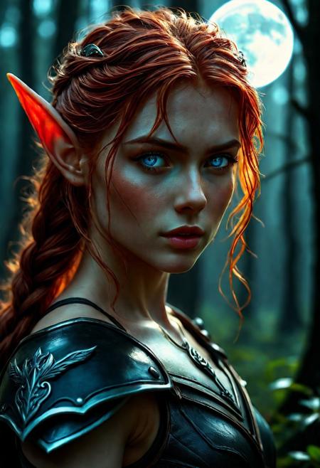 High resolution of ultra-realistic Beautiful Elven Archer girl, ultra-realistic body, perfect athletic body, Attractive Elf girl, artgem, WLOP, standing in the middle of a dark forest, beautiful Sadie Sink as Elf Archer girl, night of the full moon, realistic elven leather armour, defiant and seductive, covered in dirty and blood, cinematic colors Lighting, extremely detailed, 8K, wavy red hair, realistic dirty pale face, realistic blue eyes, beautiful Elf girl on in dark fantasy cool outfit, hyper-detailed, hyper-realistic, Attractive 21 old years Elf woman, Attractive, beautiful firm Breasts, wet and sweaty skin, Dark fantasy style, Dark fantasy atmosphere, sharp focus, digital painting, Photograph Taken on Nikon D750, Alphonse Mucha, 8K, athletic figure, Hyperdetailed, hyperrealism, attractive woman, beautiful woman of athletic body, Attractive bust girl, asymmetric balance