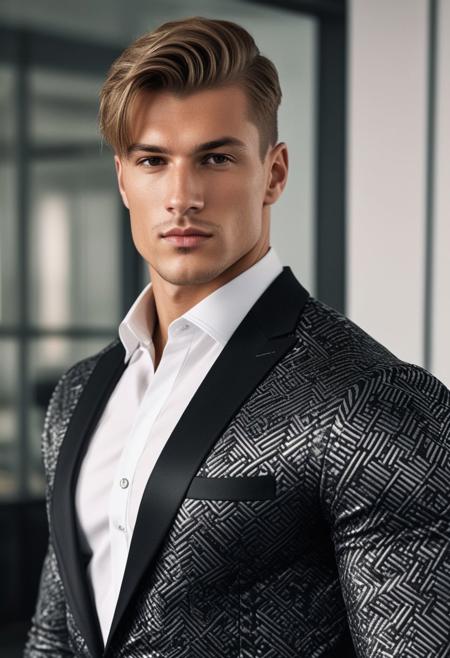 a strong 22-year-old german hunk bodybuilder male, with a fringe up undercut hairstyle, detailed face, mindless expression,  wearing a black suit with silver patterns, wearing pants,  on a modern office, standing at attention pose, looking at viewer, portrait, photography, detailed skin, realistic, photo-realistic, 8k, highly detailed, full length frame, High detail RAW color art, diffused soft lighting, shallow depth of field, sharp focus, hyperrealism, cinematic lighting