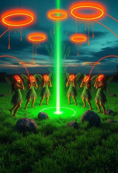 A magical ritual unfolds at twilight, as a small coven of fairy-like beings gathers in a circle etched into glowing neon green grass. Each figure holds a mask shaped like a stylized comic icon—bold zigzags, lightning bolts, and exclamation points—glowing in bright orange as they raise them toward the sky. Above, floating neon orange rings pulse and descend, casting light over their bodies textured with moss, fur, and sculpted clay. The ritual space is bordered by arching comic-panel dividers, framing the event in pop surrealism. From the center of the circle, a beam of green energy erupts, traced in stylized vector lines and halftone dots. Every surface in the scene—from skin to stones—reflects or absorbs the electric green and orange light, making the landscape appear both otherworldly and handmade. The color dominates, bleeding into every texture and surface, overwhelming reality in a spectacle of synthetic glow and ancient fantasy.