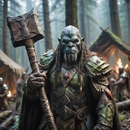 highly detailed portrait photo of a (ogre shaman):1.2  in a primitive camp in the forest.

ogre shaman, solo, holding, weapon, male focus, pointy ears, sword, cape, holding weapon, armor, colored skin, helmet, shoulder armor, gauntlets, beard, pauldrons, bald, hammer,

in a primitive forest encampment,

depth of field:1.2, blurry, blurry background,
realistic:1.3,

photorealistic,
fantasy, cinematic,
32k, best quality, 


shadow play:1.1,




