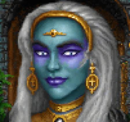 cinematic still Original HoMM2 style portrait of a cute drow dark elf witch with blue skin, subtle smirk, and long, flowing silver hair. She has pointed ears with golden piercing. She has striking purple eyes with strong dark silver makeup looking at the viewer. Her face is adorned with golden dots around the eyebrows and a small cross on her forehead. She is wearing a brown hood with golden lining. She also wears large, round golden earrings with a sun symbol in Mesoamerican style and golden Mesoamerican collar necklace. The background includes a dark purple overgrown dungeon made of stone bricks with archway with hints of green foliage, a small skull on the right side, and an iron bars gate covered with thick cobwebs on either side of her . emotional, harmonious, vignette, 4k epic detailed, shot on kodak, 35mm photo, sharp focus, high budget, cinemascope, moody, epic, gorgeous, film grain, grainy, Original HoMM2 style portrait of a cute drow dark elf witch with blue skin, subtle smirk, and long, flowing silver hair. She has pointed ears with golden piercing. She has striking purple eyes with strong dark silver makeup looking at the viewer. Her face is adorned with golden dots around the eyebrows and a small cross on her forehead. She is wearing a brown hood with golden lining. She also wears large, round golden earrings with a sun symbol in Mesoamerican style and golden Mesoamerican collar necklace. The background includes a dark purple overgrown dungeon made of stone bricks with archway with hints of green foliage, a small skull on the right side, and an iron bars gate covered with thick cobwebs on either side of her, deep focus, highly detailed, colorful, dynamic composition, dramatic bright colors, cinematic, elegant, intricate, sharp, surreal, mystical, scenic, illuminated, rich, professional, extremely detail, very, stunning, complimentary color, winning perfect, artistic, beautiful, innocent, creative, positive, pure, romantic, vibrant, inspired, glowing, rational