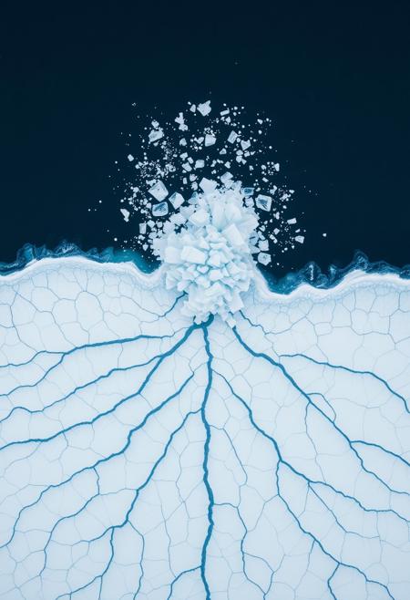 This striking aerial perspective captures a dynamic interplay between ice and water. The foreground is dominated by a textured expanse of what appears to be a glacial surface or a vast sheet of ice, characterized by intricate, almost woven patterns of blue lines and cracks against a white backdrop. These lines create a sense of depth and movement, suggesting the immense pressures and forces that shape these frozen landscapes. Above this icy foundation, a dramatic burst of fragmented ice and water erupts from the center, reminiscent of an explosion or a powerful gush. The darker blue background, likely deep water, provides a stark contrast, highlighting the bright, scattered pieces of ice that fan out from the central disturbance. The overall impression is one of raw natural power and the captivating beauty of polar environments. The image evokes feelings of both awe and the fragile grandeur of our planet's icy regions.features asymmetrical cuts and high-tech elements like embedded LEDs that pulse softly