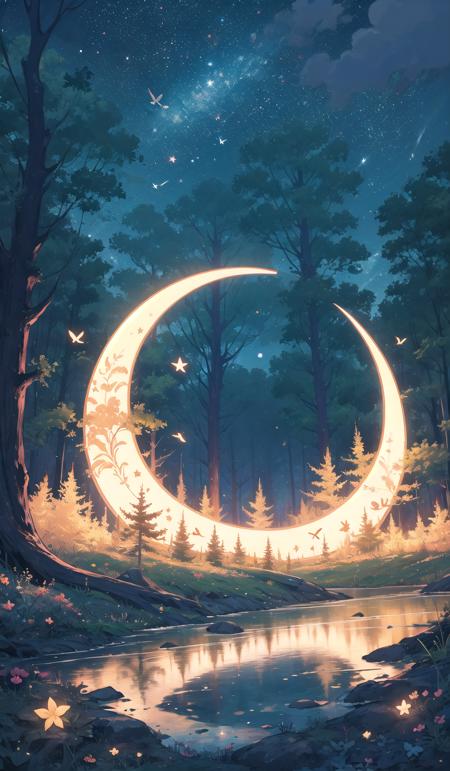 tsukimi, Alabaster theme, tree, crescent moon, moon, scenery, sky, night, nature, star (sky), grass, flower, outdoors, forest, starry sky, bird, no humans, glowing<lora:tsukimi-000007:1>