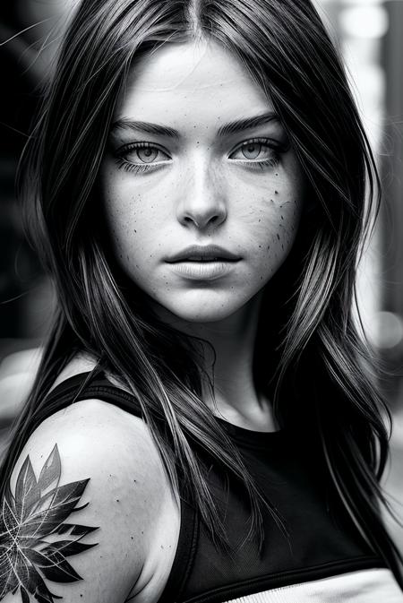 beautiful woman (EPSydn3yM3lm4n:.99): ominous, beautiful, ((with tattoos:1.1)), hyperrealistic, by greg rutkowski, yoshitaka amano, ilya kuvshinov, Retina display, (black and white:1.2),((monochrome)), Canon50,"In Jernau we trust",