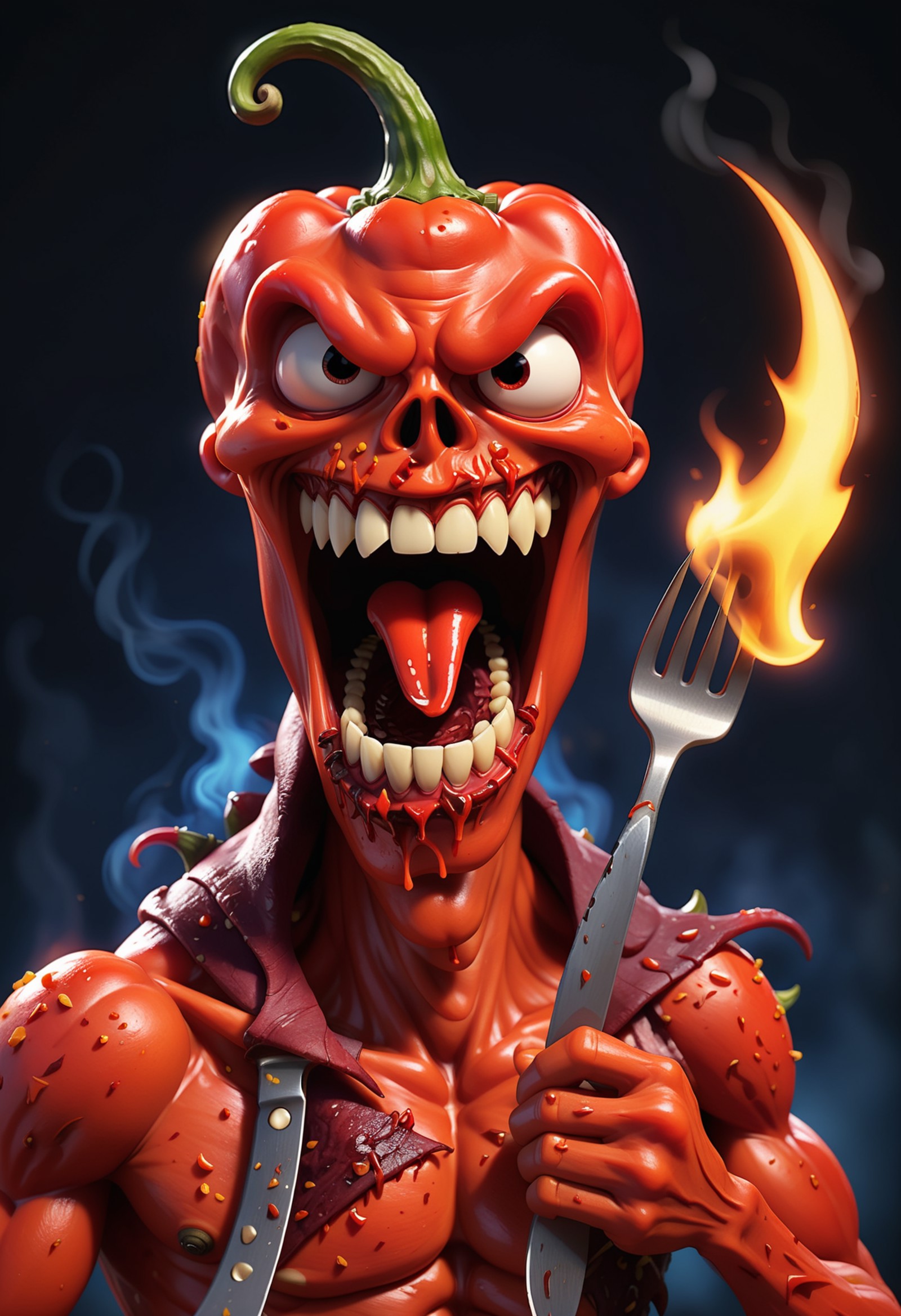 Disney pixar animation of the hottest red pepper in the world with a face mode of ral-drp, California Reaper, on fire, rea...